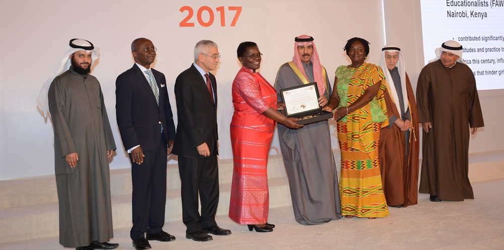 Prof. Naana Jane Opoku-Agyemang, FAWE Africa Board Chairperson and Hendrina Doroba, the Executive Director receive the inaugural 2017 Al-Sumait Prize for the Development of Africa in the field of Education from His Highness Deputy Amir Crown Prince Nawaf Al Ahmed Al Sabah at a ceremony in Dubai, 13 December 2017 [Photo: www.panafricanvisions.com]