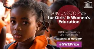 Partner update: UNESCO launches the call for nominations for the 2019 UNESCO Prize for Girls’ and Women’s Education | Nouvelles des partenaires : L’UNESCO lance l’appel à candidatures pour l’édition 2019 du Prix UNESCO pour l’éducation des filles et des femmes