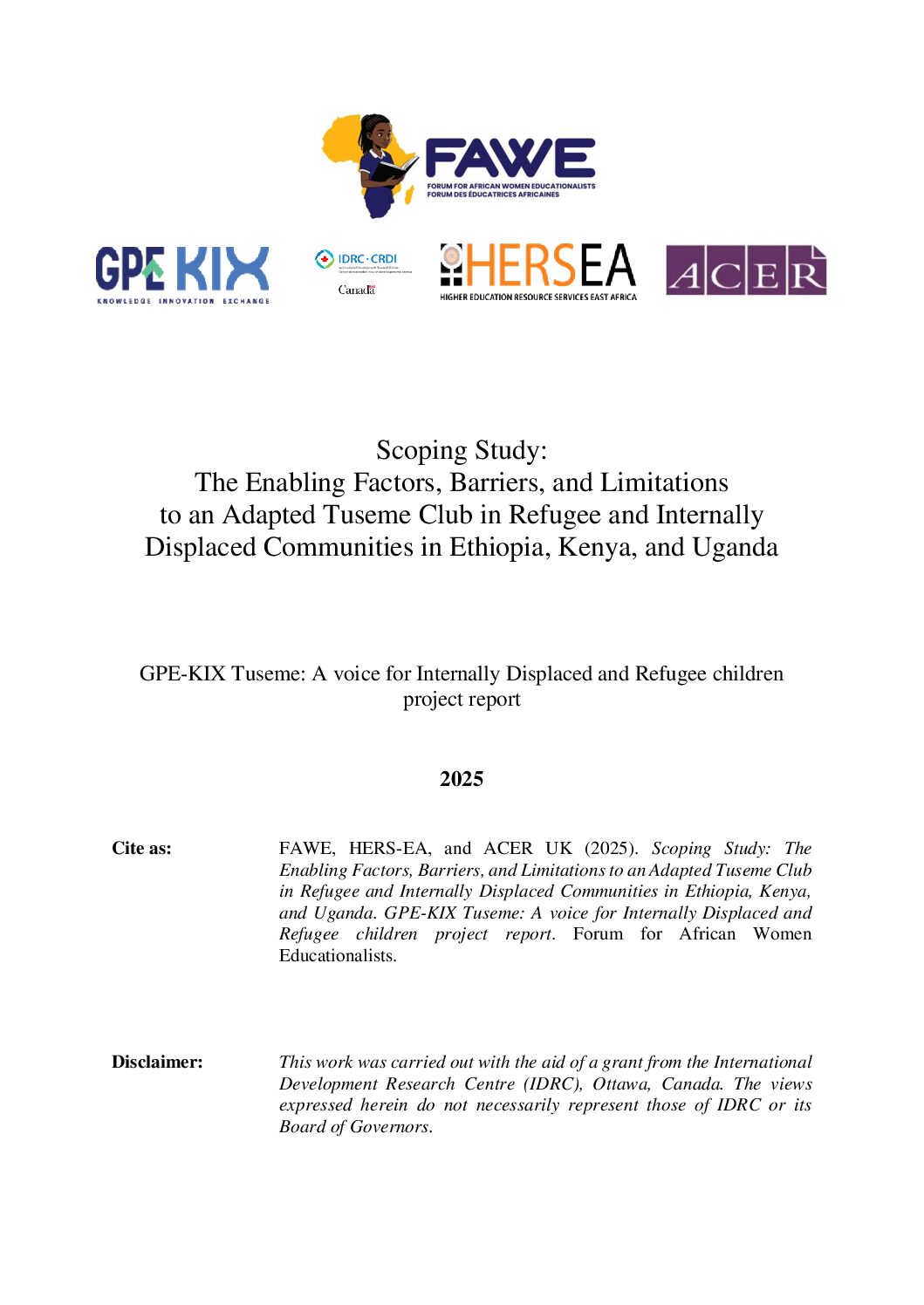 Scoping Study on Tuseme club Enablers and Barriers in Displacement and Refugees Settings: Research Report