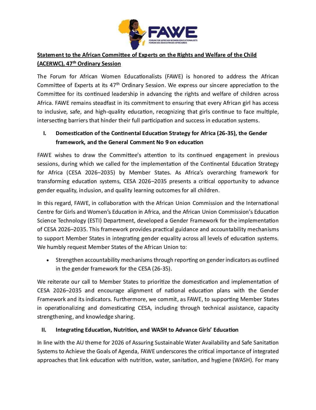 FAWE Statement to the ACERWC 47 Ordinary Session