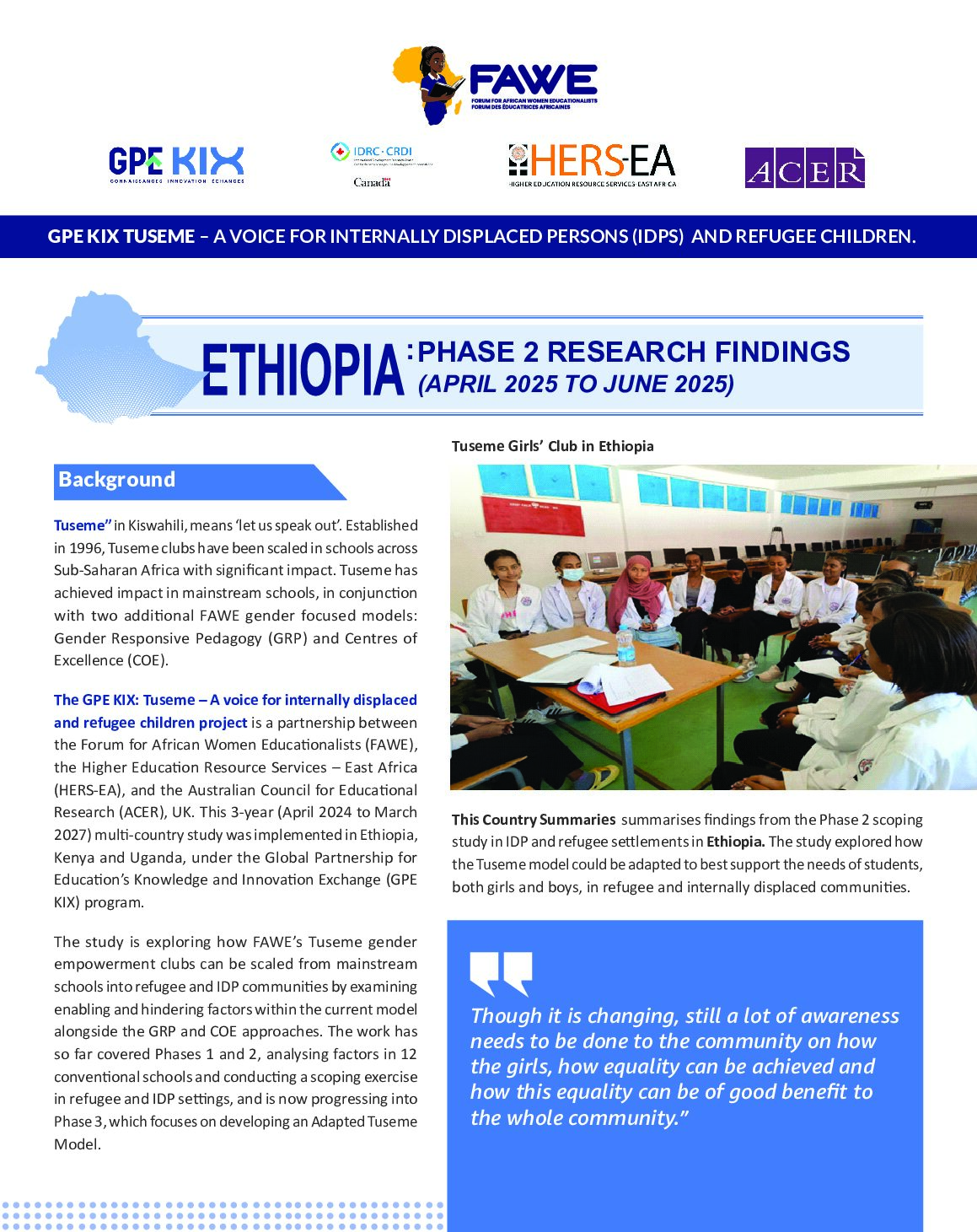 Barriers and enablers of Tuseme clubs in displaced communities in Ethiopia: A research summary