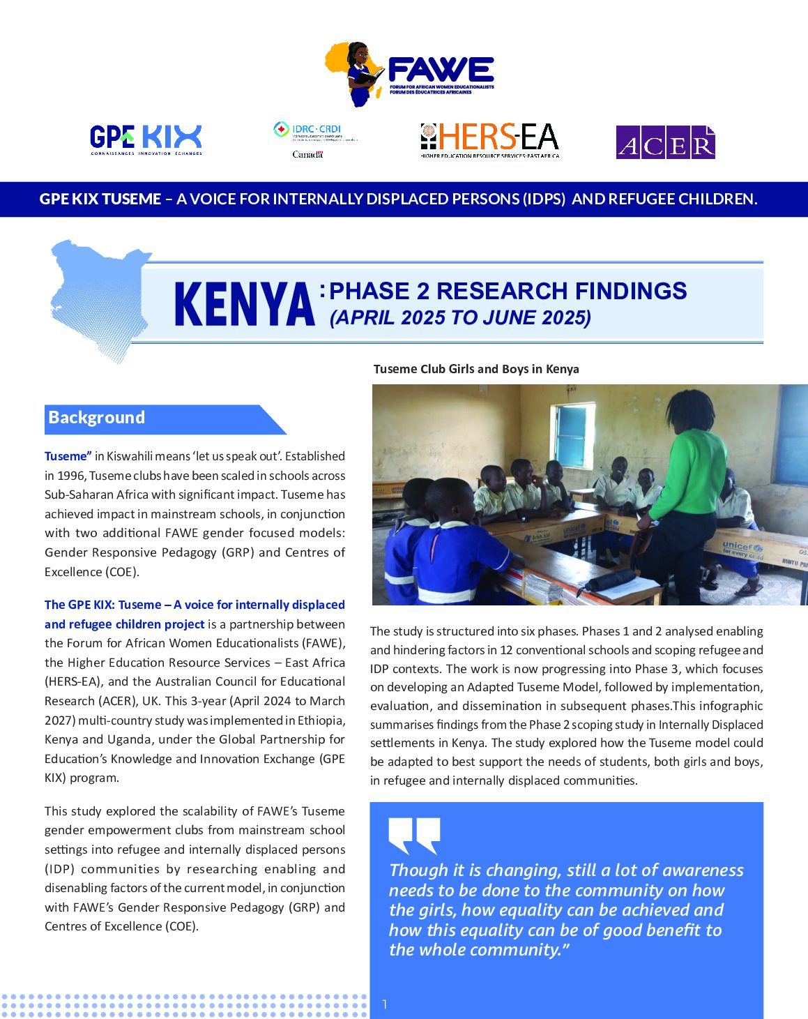 Barriers and enablers of Tuseme clubs in displaced communities in Kenya: A research summary