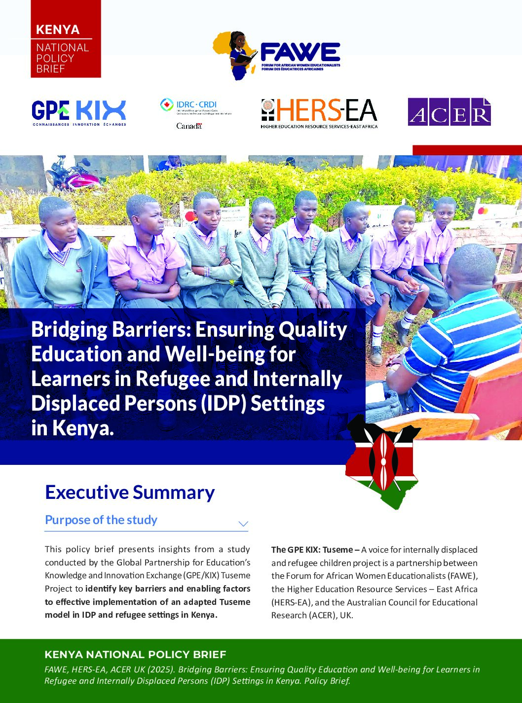 Policy Brief - Bridging Barriers: Ensuring Quality Education and Well-being for Learners in Refugee and Internally Displaced Persons Settings in Kenya.
