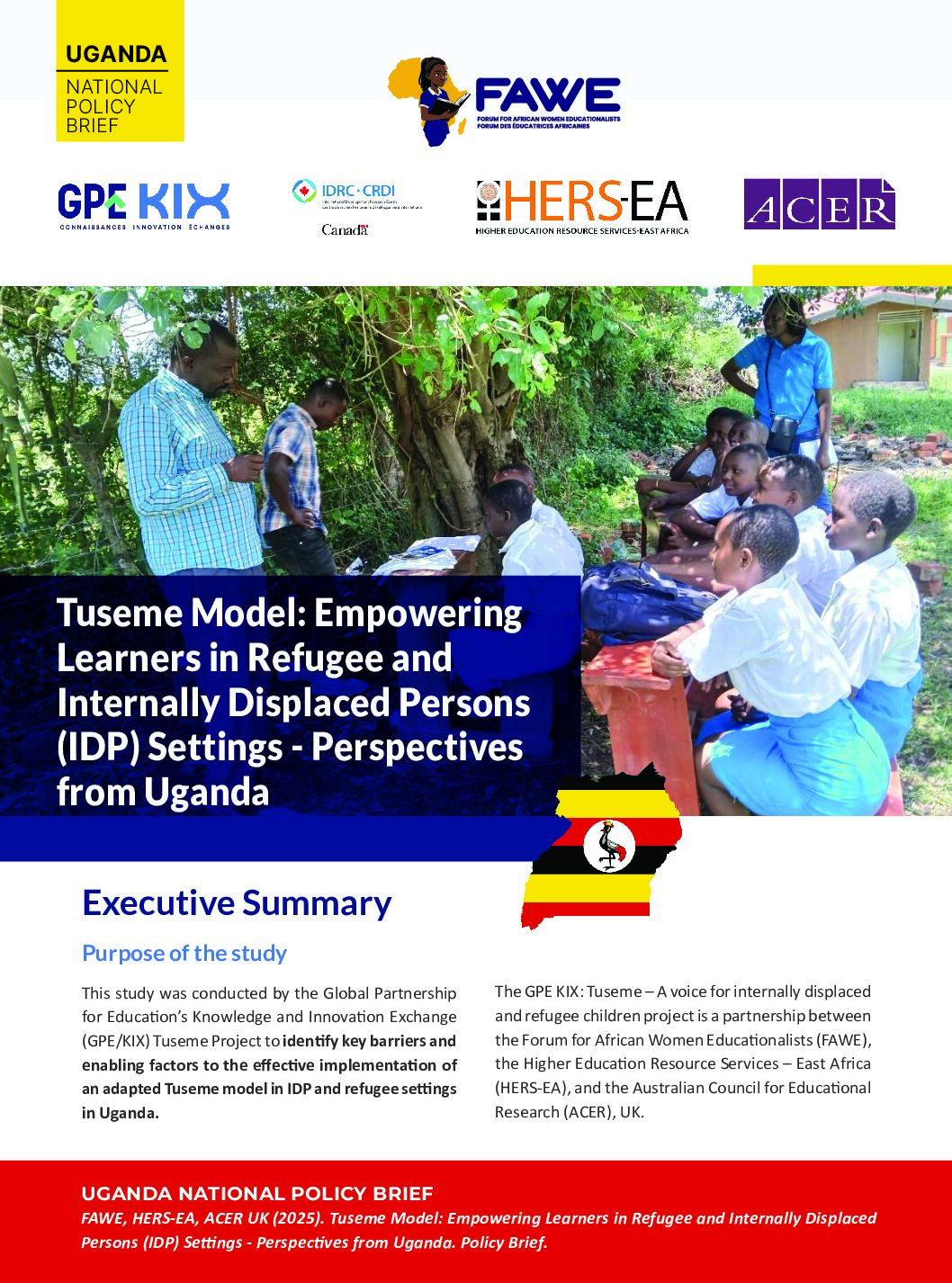 Policy Brief - Tuseme Model: Empowering Learners in Refugee and Internally Displaced Persons Settings - Perspectives from Uganda.