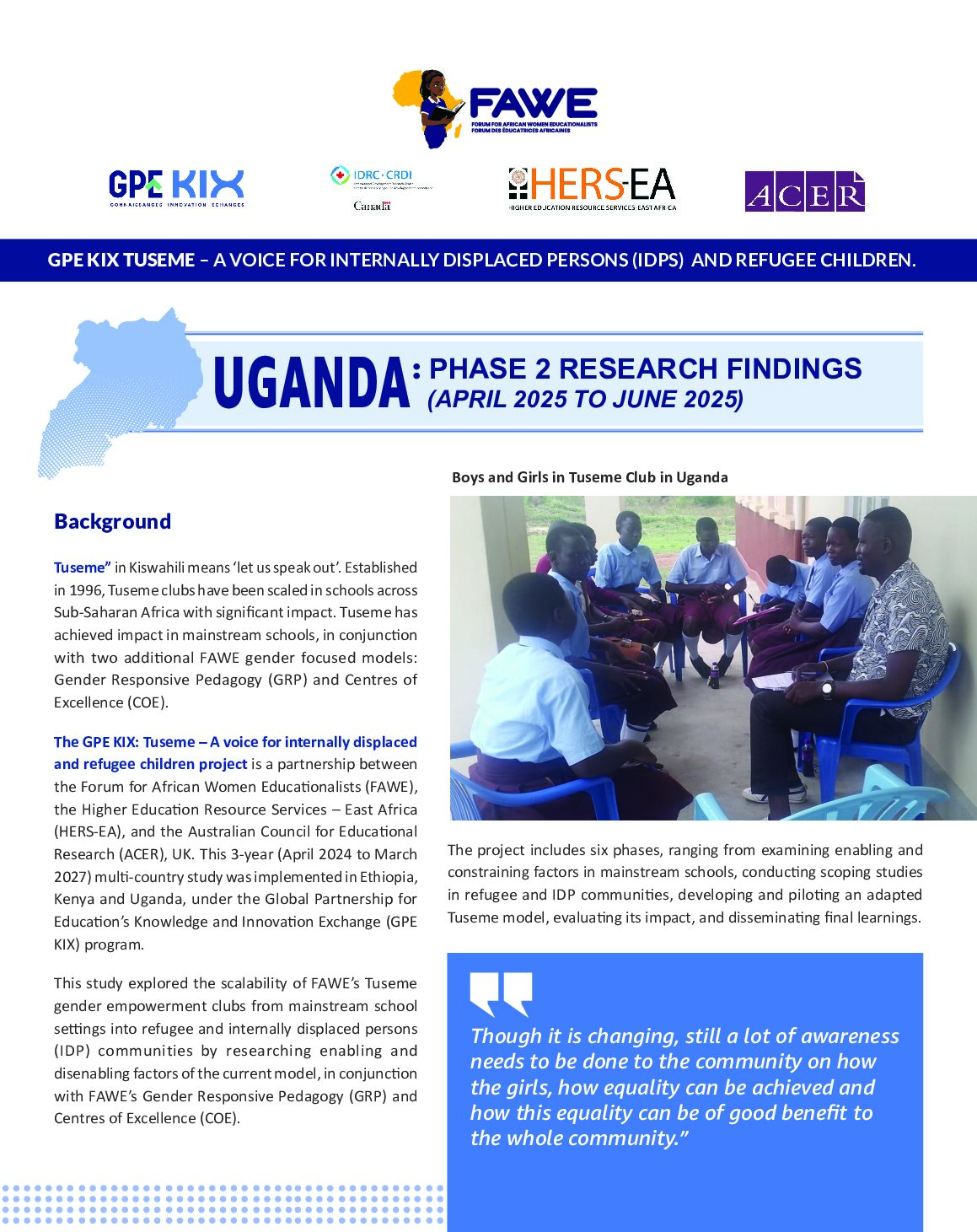 Barriers and enablers of Tuseme clubs in displaced communities in Uganda: A research summary