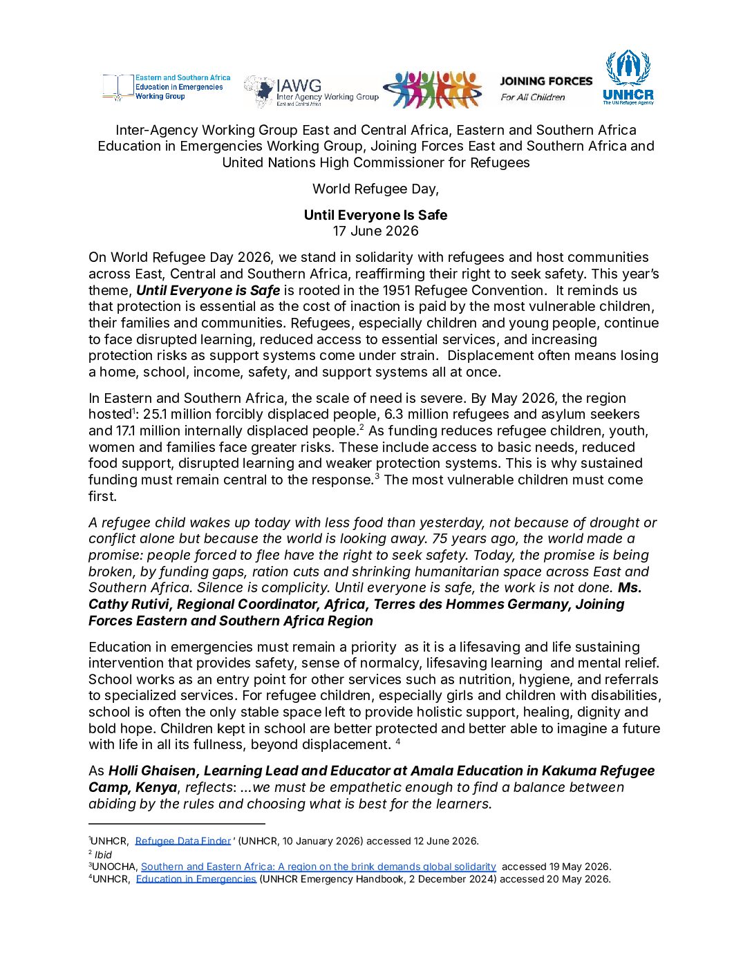Education in Emergency Joint statement - Word Refugee Day
