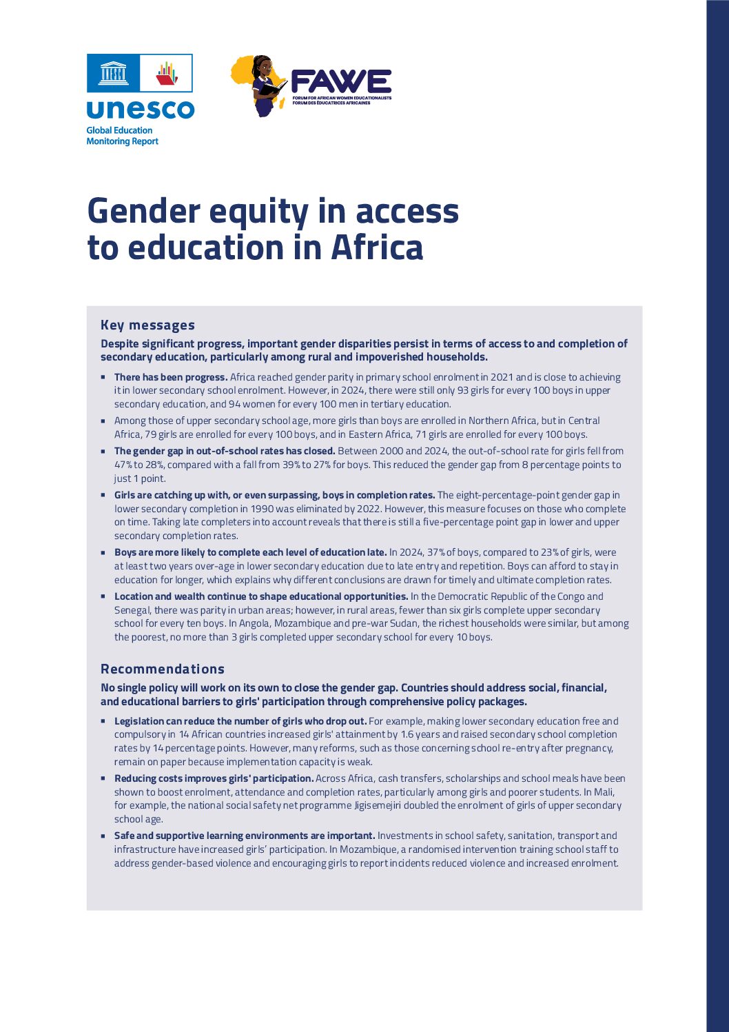 Gender Equity in access to education in Africa by UNESCO & FAWE