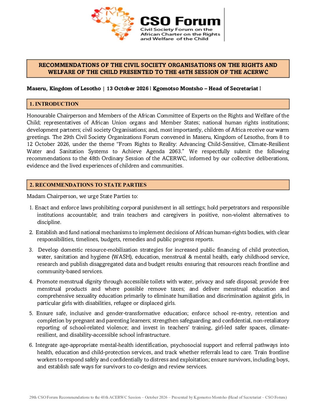 29th CSO Forum Recommendations to 48th ACERWC